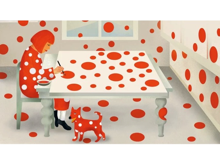 Ilustración de Ellen Weinstein del libro Yayoi Kusama 